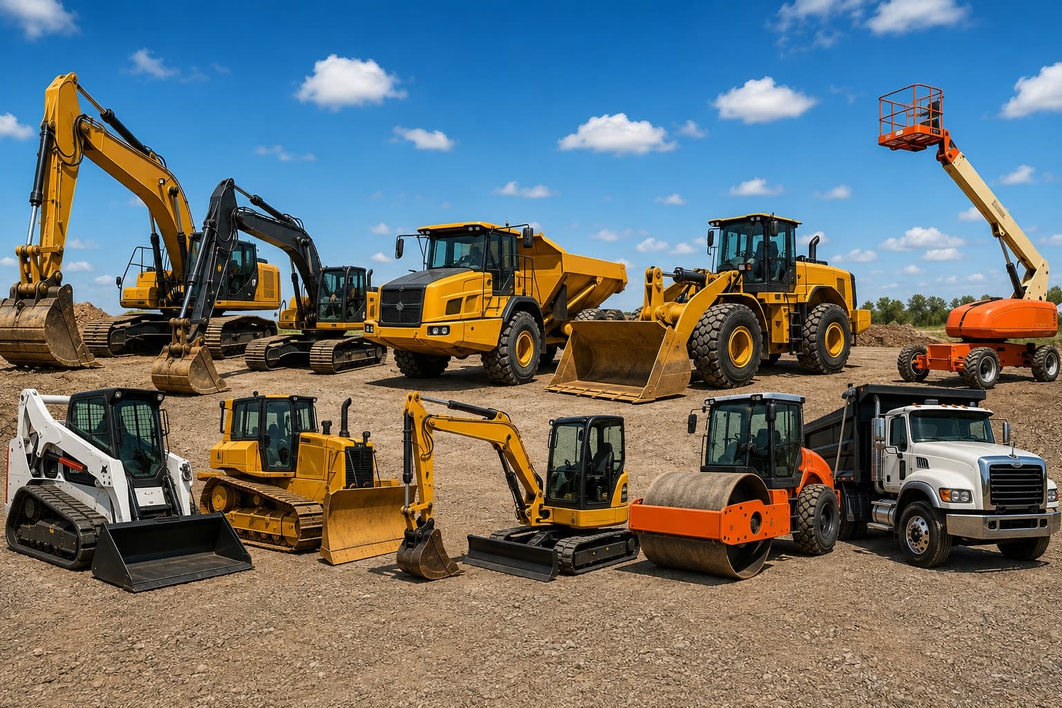 Fleet of rental equipment: excavators, loaders, skid steers, a boom lift, and a dump truck
